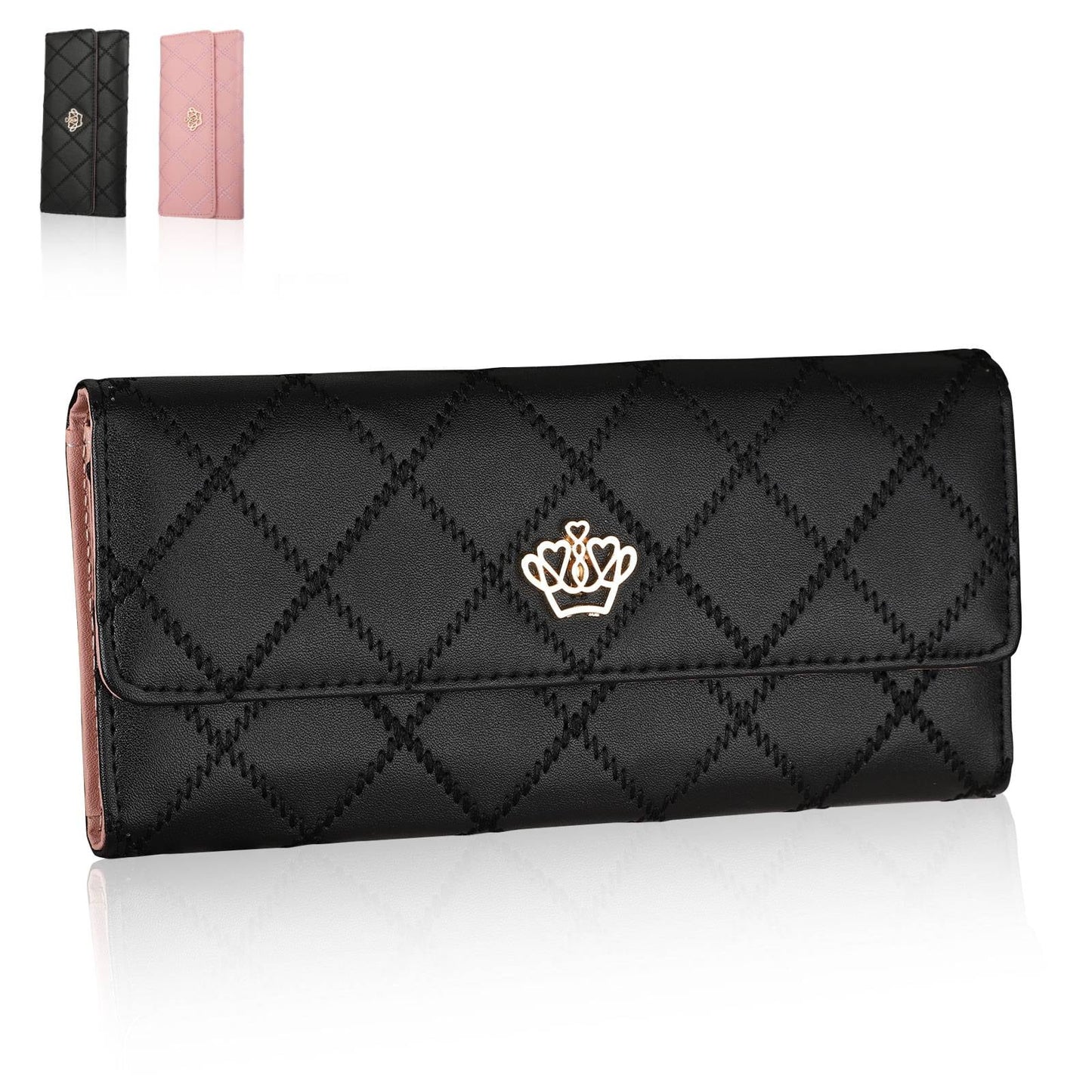 PU Leather Wallet for Women, Long Clutch Wallet, Trifold Ladies Credit Card Holder, Large Capacity Snap Purse