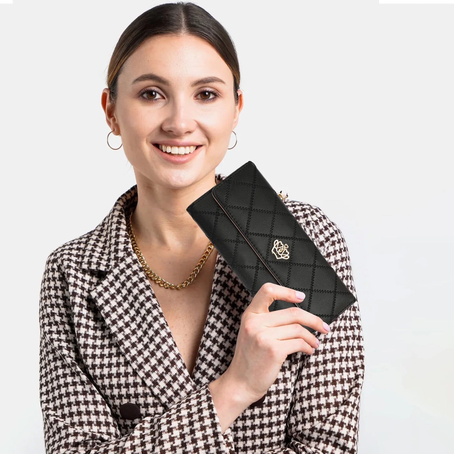 PU Leather Wallet for Women, Long Clutch Wallet, Trifold Ladies Credit Card Holder, Large Capacity Snap Purse