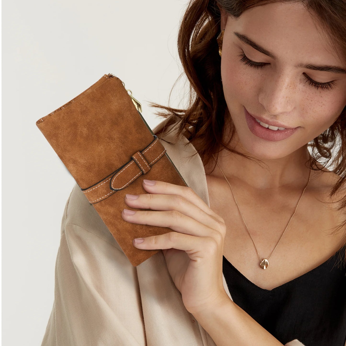 Vegan Leather Wallet, Long Wallet with Multi-Cards for Women, Slim Bifold Purse, Card Holder with Snap, Brown