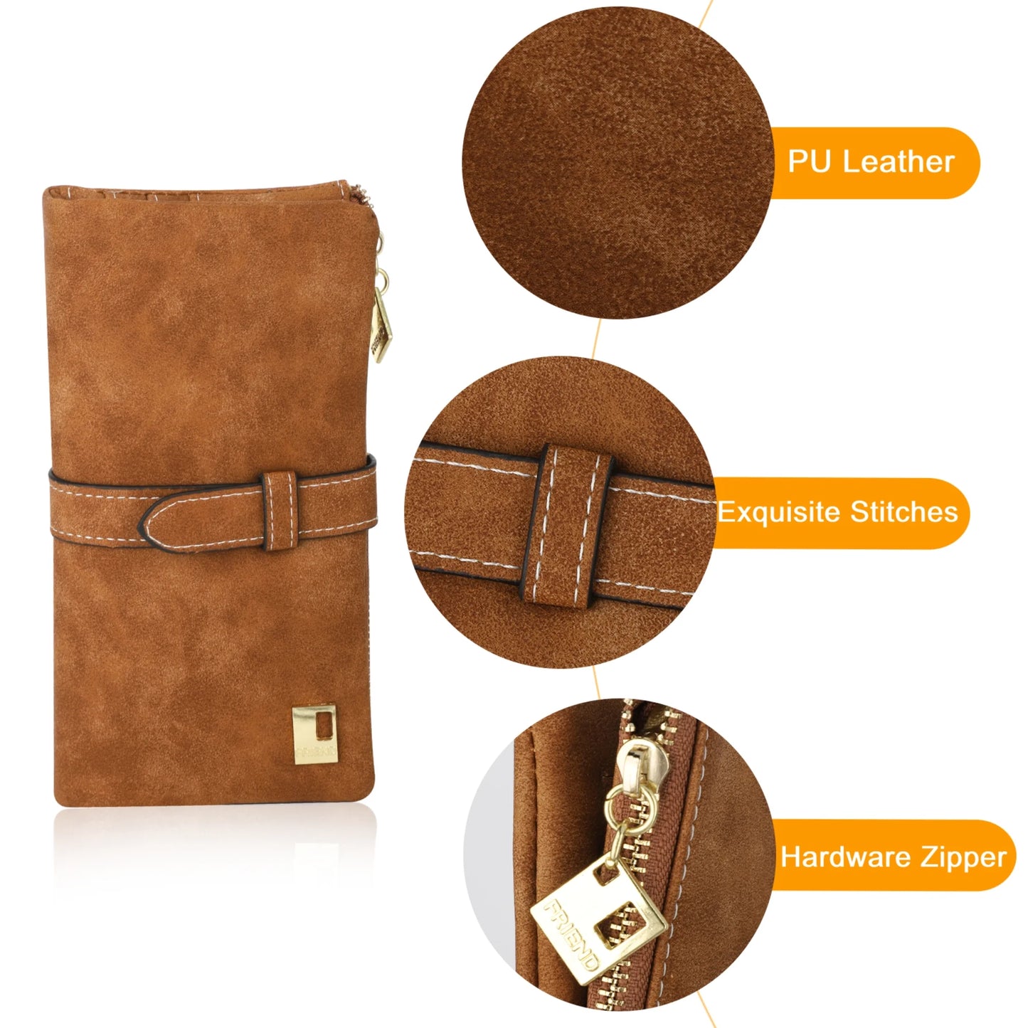 Vegan Leather Wallet, Long Wallet with Multi-Cards for Women, Slim Bifold Purse, Card Holder with Snap, Brown