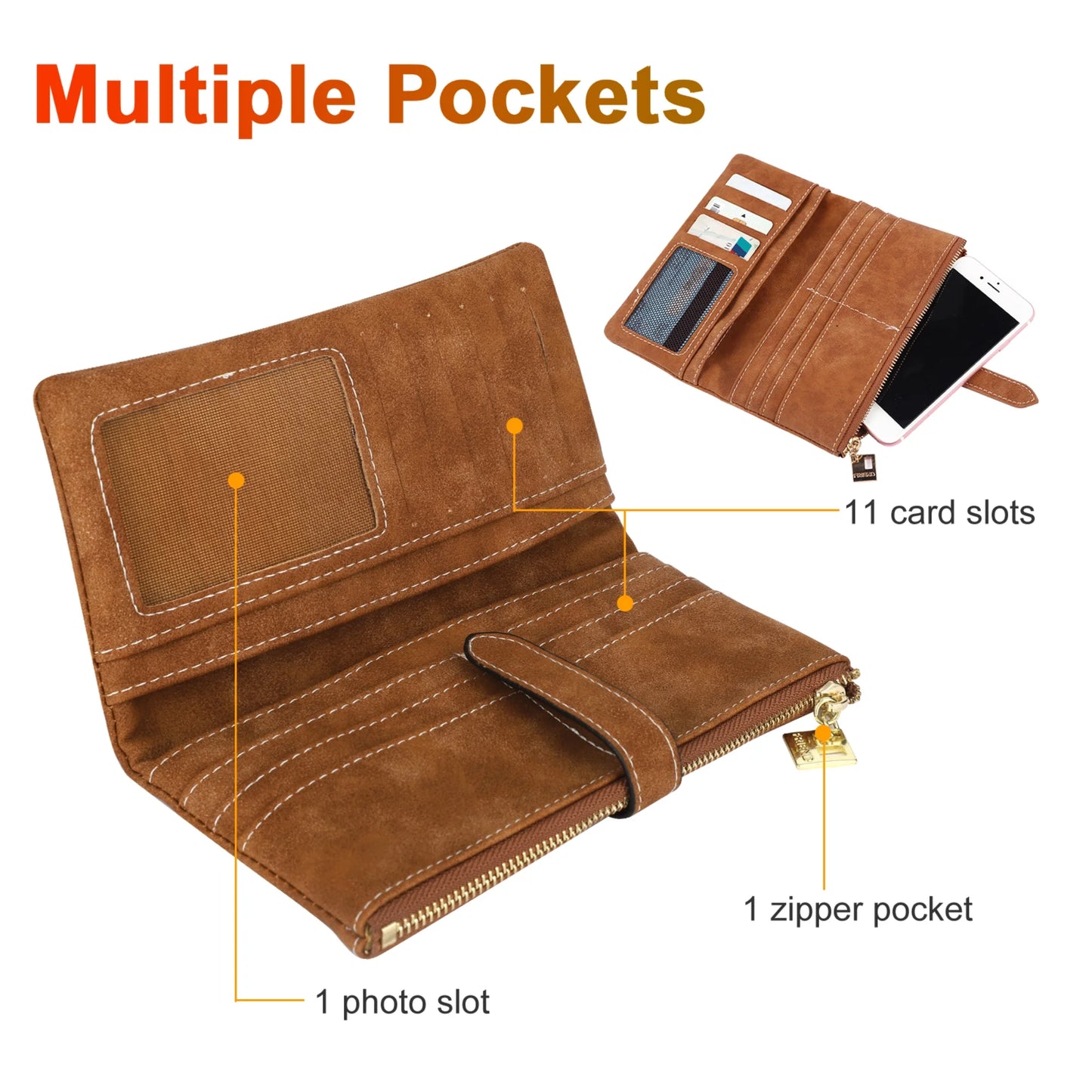 Vegan Leather Wallet, Long Wallet with Multi-Cards for Women, Slim Bifold Purse, Card Holder with Snap, Brown