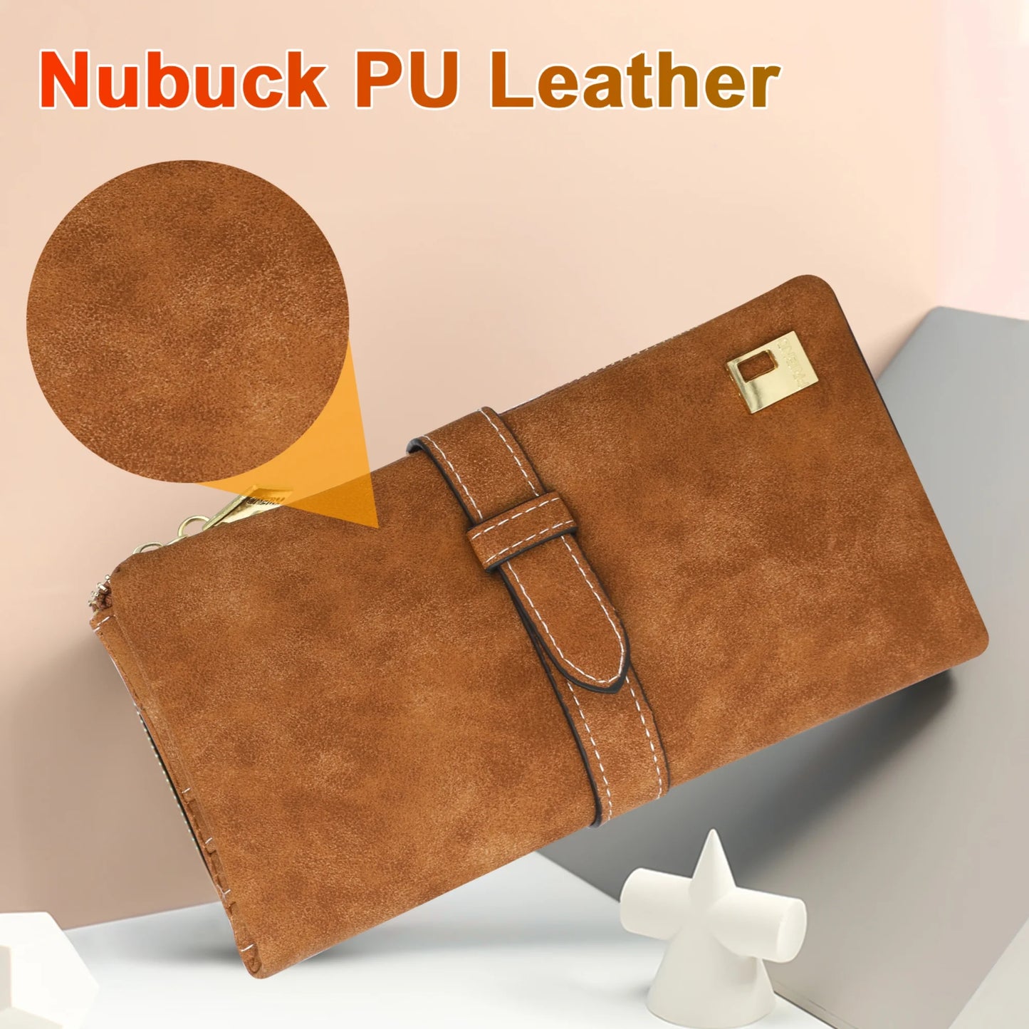 Vegan Leather Wallet, Long Wallet with Multi-Cards for Women, Slim Bifold Purse, Card Holder with Snap, Brown