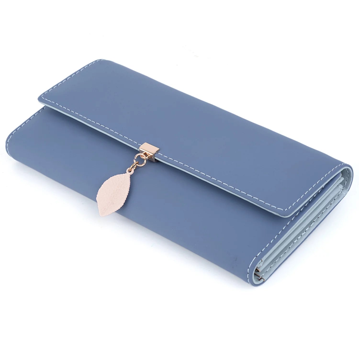 Womens Wallet PU Leather RFID Blocking Card Holder Elegant Zipper Coin Purse Leaf Pendant(Dark Blue)