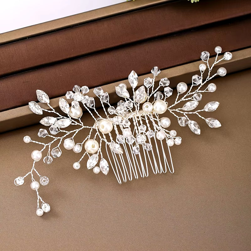 Silver Color Pearl Crystal Wedding Hair Combs Hair Accessories for Bridal Flower Headpiece Women Bride Hair Ornaments Jewelry