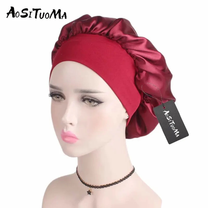 Silky Satin Hair Bonnet with Wide Elastic Band - Perfect for Sleeping, Showering, and Styling Curly and Natural Hair