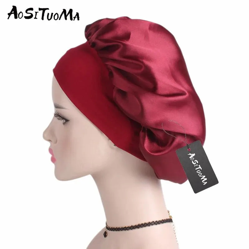 Silky Satin Hair Bonnet with Wide Elastic Band - Perfect for Sleeping, Showering, and Styling Curly and Natural Hair