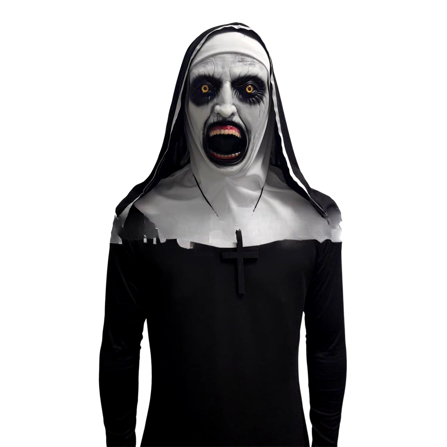 2024 Scary Nun Latex Mask with Cross Necklace and Nun Headpiece, Full Head Halloween Mask, Nun Costume Accessories