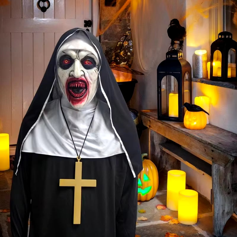 2024 Scary Nun Latex Mask with Cross Necklace and Nun Headpiece, Full Head Halloween Mask, Nun Costume Accessories