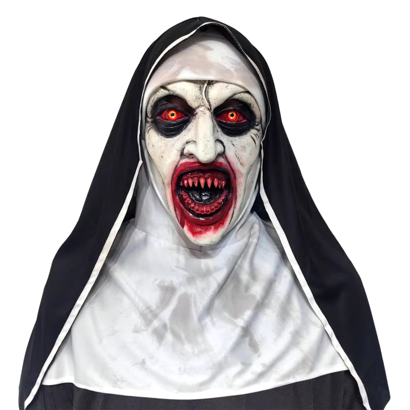 2024 Scary Nun Latex Mask with Cross Necklace and Nun Headpiece, Full Head Halloween Mask, Nun Costume Accessories