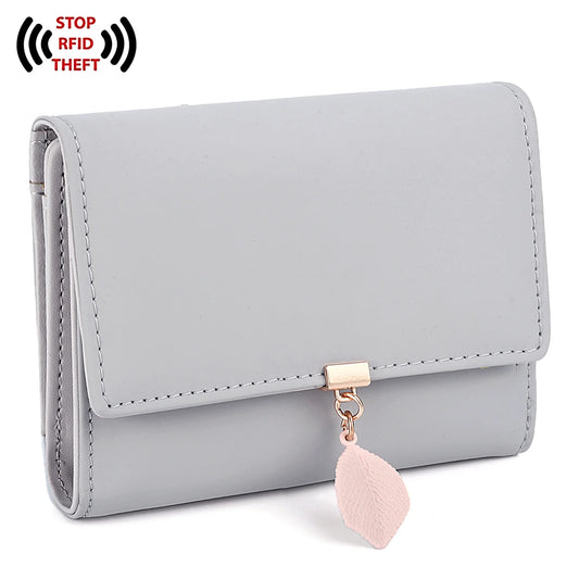 Small Wallet for Women PU Leather RFID Blocking Card Holder Zipper Coin Purse with Leaf Pendant(Gray)