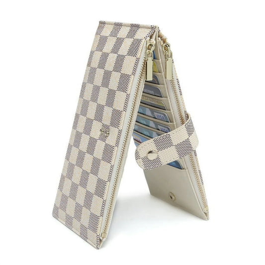 Women’S Multi Card Wallet PU Vegan Leather Clutch RFID Blocking Organizer Card Holder with Zipper Pockets - Cream Checkered